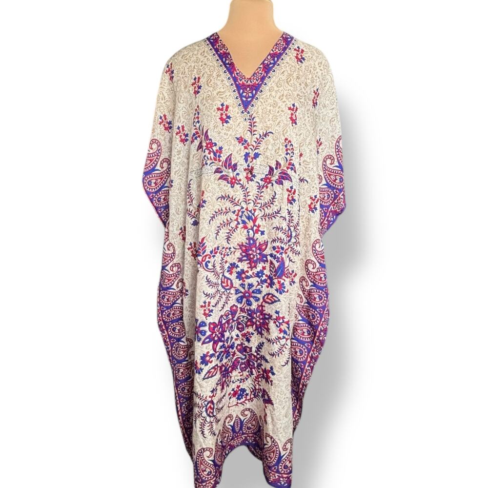 Vintage Phases Cream Floral Paisley Caftan One Size Lounge Dress Made in India